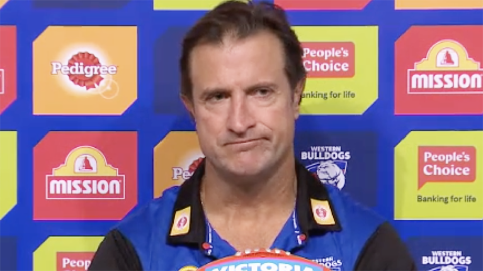 Western Bulldogs coach Luke Beveridge's disapproval was plain to see after being asked about number one draft pick Jamarra Ugle-Hagan, who is yet to make his AFL debut. Picture: Fox Footy