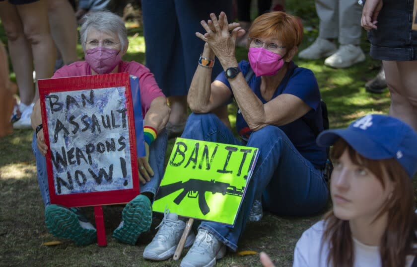 Los Angeles, CA - June 11: Participants listen to speakers during March for our Lives against gun violence downtown on Saturday, June 11, 2022 in Los Angeles, CA. (Brian van der Brug / Los Angeles Times)