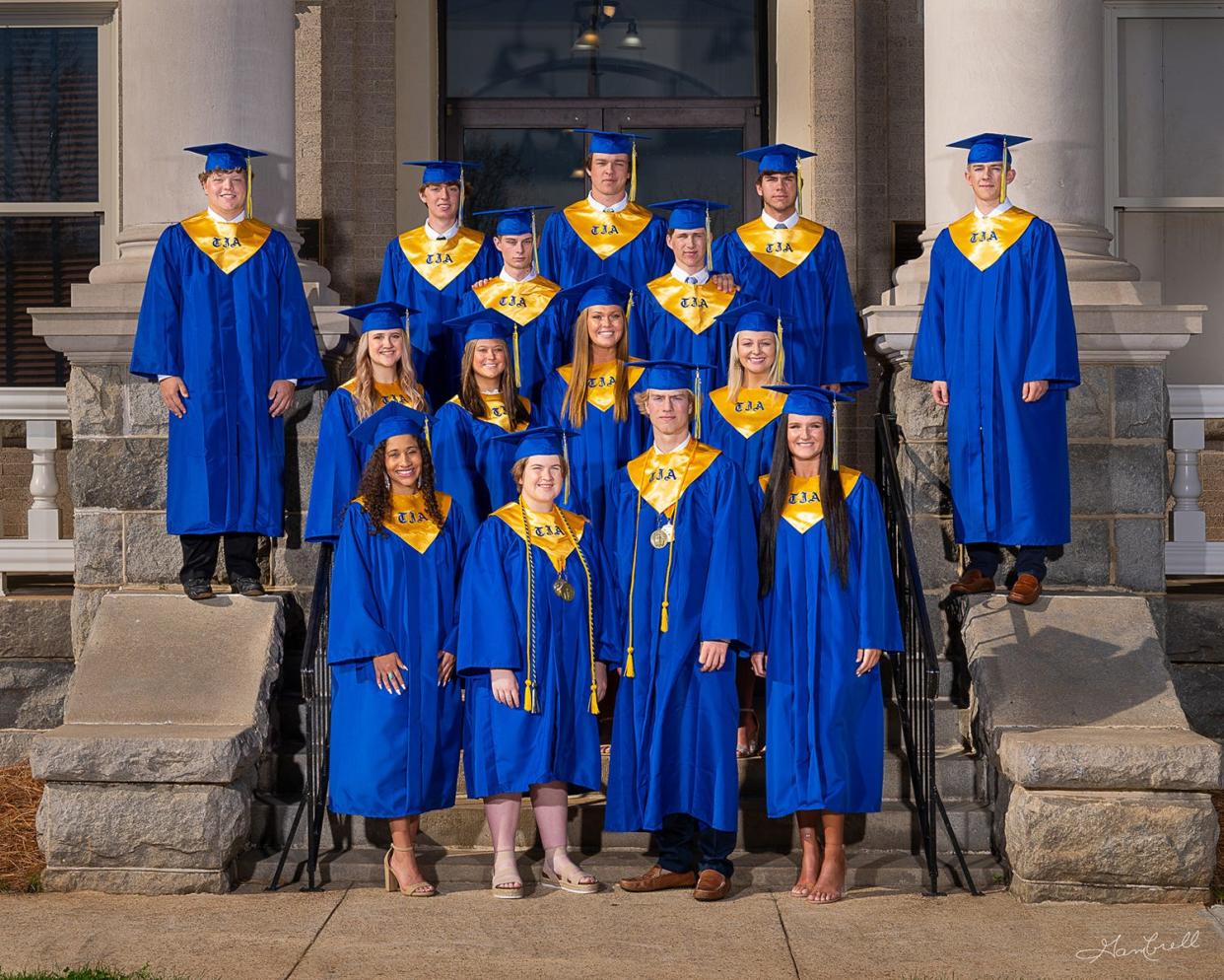 Graduating TJA seniors are: Riley Blake Braddock, Jaedon Kohl Crunkelton, Raven Leslei Davis, Matthew Brinson Evans, Jr., Terianna Elizabeth Evans, Caroline Grace Gunter, Katrina Frances Hennessy (Star Student/Valedictorian), Brooke Parrey Hughes, Tala Alona Christine Hunt, Mary Alexis Kirk, Cameron Paul Peavy, Kevin Hayden Unruh (Salutatorian), Reese Carter Walden, Samuel Bruce Williamson and Caleb Andrew Wilson.