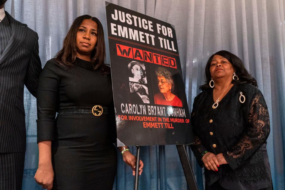 Priscilla Sterling, left, of Jackson, Miss., and Anna Laura Cush Williams, right, of Port Gibson, Miss., both cousins of Emmett Till, attend a news conference, Feb. 16, 2023, in Washington about their hope to have a 1955 arrest warrant served on Carolyn Bryant Donham in the kidnapping that led to Till's brutal lynching. In April 2023, a Mississippi sheriff asked a judge to dismiss Sterling's lawsuit that seeks to compel him to serve the warrant.