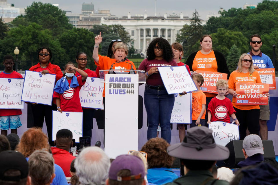 Teachers union president Randi Weingarten speaks at an gun violence protest in Washington, DC