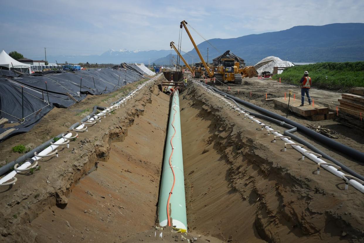 Workers lay pipe during construction of the Trans Mountain pipeline expansion on farmland in Abbotsford, B.C., in May 2023. (Darryl Dyck/The Canadian Press - image credit)