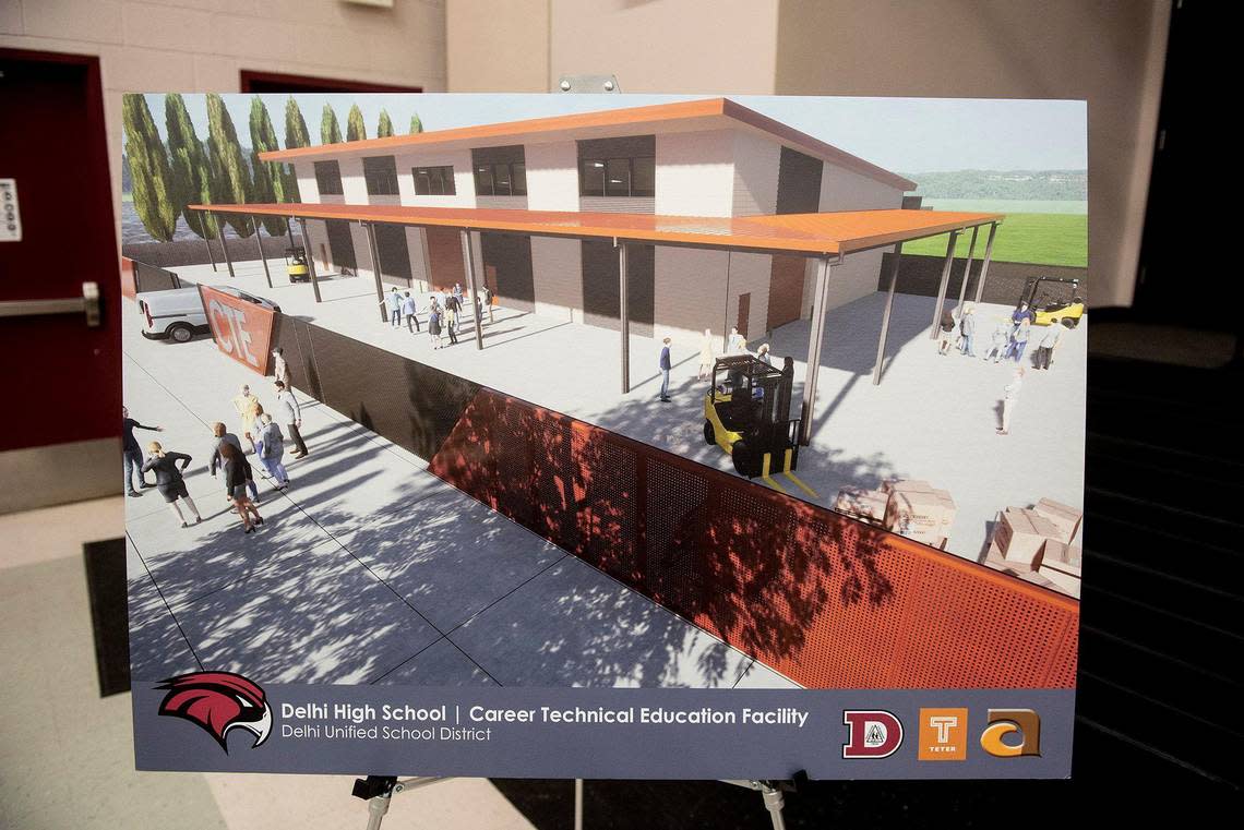 A rendering of the new Career Technical Education building during a groundbreaking ceremony on the campus of Delhi High School in Delhi, Calif., on Tuesday, Feb. 21, 2023.