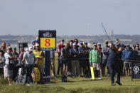 United States' Phil Mickelson plays his tee shot off the 8th hole during the first round British Open Golf Championship at Royal St George's golf course Sandwich, England, Thursday, July 15, 2021. (AP Photo/Ian Walton)