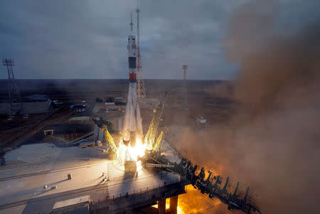 The Soyuz MS-02 spacecraft carrying the crew of Shane Kimbrough of the U.S., Sergey Ryzhikov and Andrey Borisenko of Russia blasts off to the International Space Station (ISS) from the launchpad at the Baikonur cosmodrome, Kazakhstan, October 19, 2016. REUTERS/Shamil Zhumatov