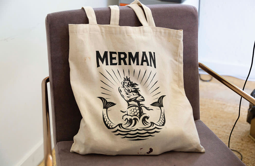 A tote bag from her production company: “Oh, it’s a Zoolander reference,” she says of Merman. “It’s one of my favorite films for a long time, and I wanted something that would have a great visual image.”