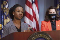 FILE- In a July 28, 2020 file photo, provided by the Michigan Office of the Governor, Dr. Joneigh Khaldun, the state's chief medical executive, addresses the state during a speech in Lansing, Mich. Dr. Khaldun, Michigan's chief medical executive and a top pandemic adviser to Gov. Gretchen Whitmer, is leaving state government for a new job. (Michigan Office of the Governor via AP, File)