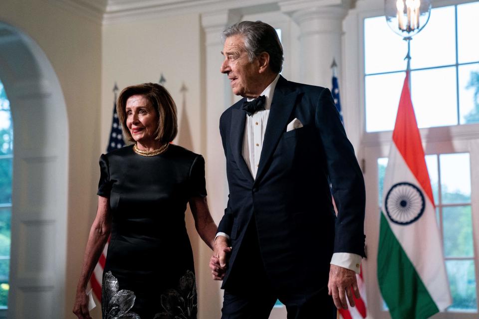 U.S. Representative Nancy Pelosi (D-Calif.) and her husband Paul Pelosi attend an official state dinner honoring Indian Prime Minister Narendra Modi at the White House on June 22, 2023 in Washington, DC.  (Photo by STEFANI REYNOLDS/AFP) (Photo by STEFANI REYNOLDS/AFP via Getty Images)