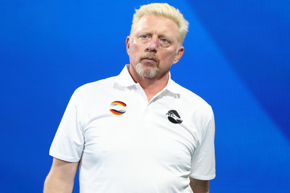 BRISBANE, AUSTRALIA - JANUARY 05: Team Germany Captain Boris Becker looks on during the match between Jan-Lennard Struff of Germany against Michail Pervolarakis of Greece during day three of the 2020 ATP Cup Group Stage at Pat Rafter Arena on January 05, 2020 in Brisbane, Australia. (Photo by Chris Hyde/Getty Images)