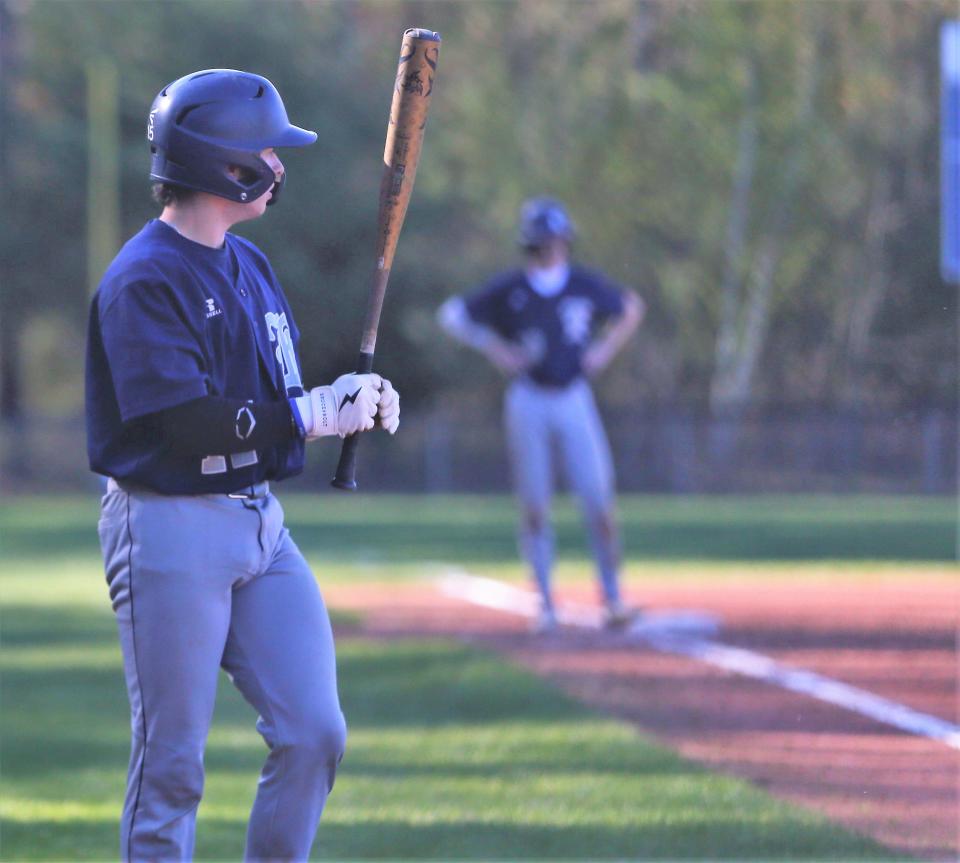 Exeter High School catcher Finn Adams gets ready for an at-bat during Friday's Division I win over Winnacunnet.