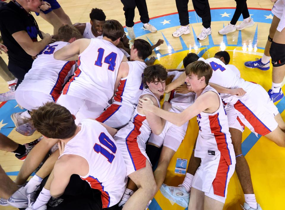 Oklahoma Christian celebrates following the class 3A boys state championship basketball game between Millwood and Oklahoma Christian at the State Fair Arena in Oklahoma City, Saturday, March 9, 2024.