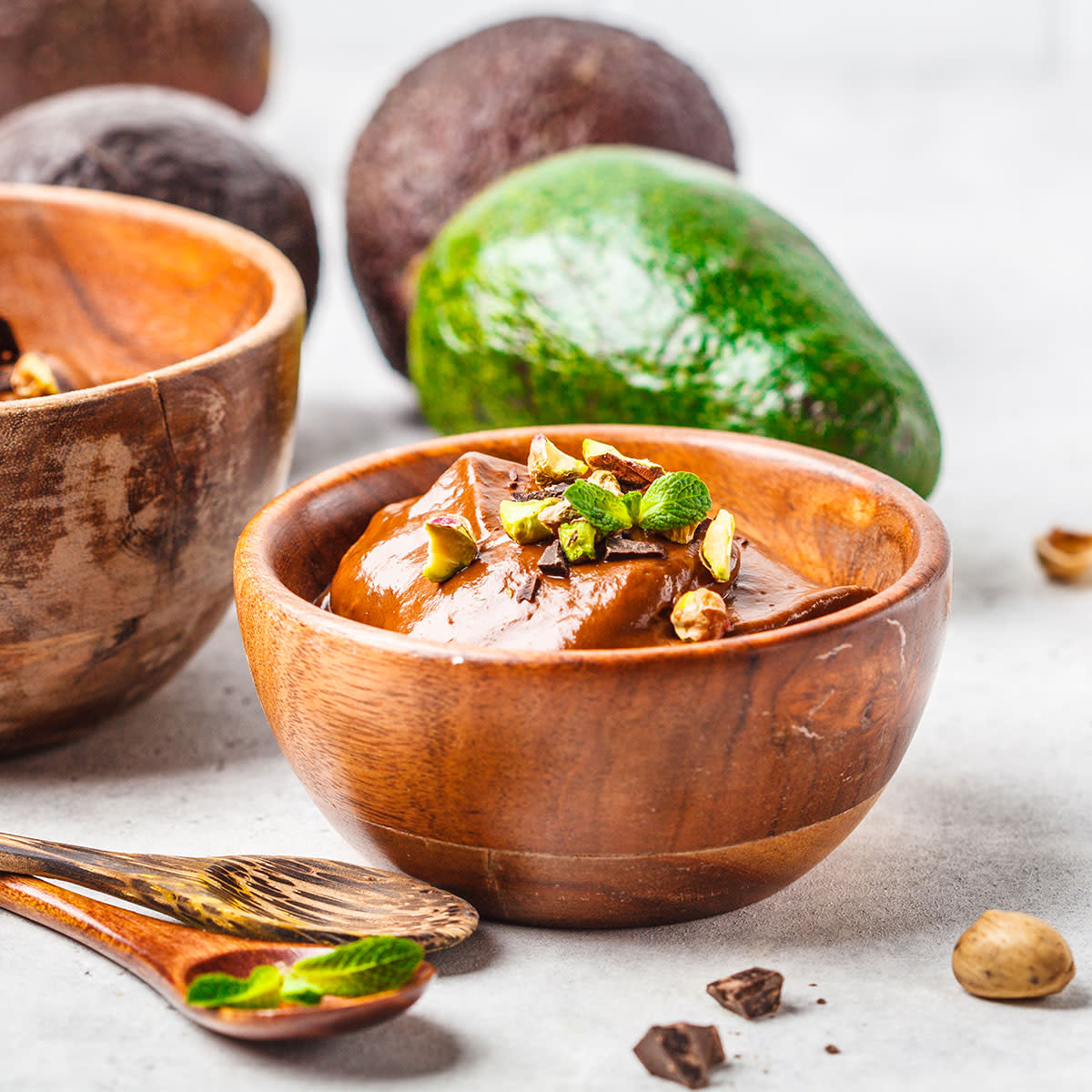 chocolate avocado mousse in wooden bowl