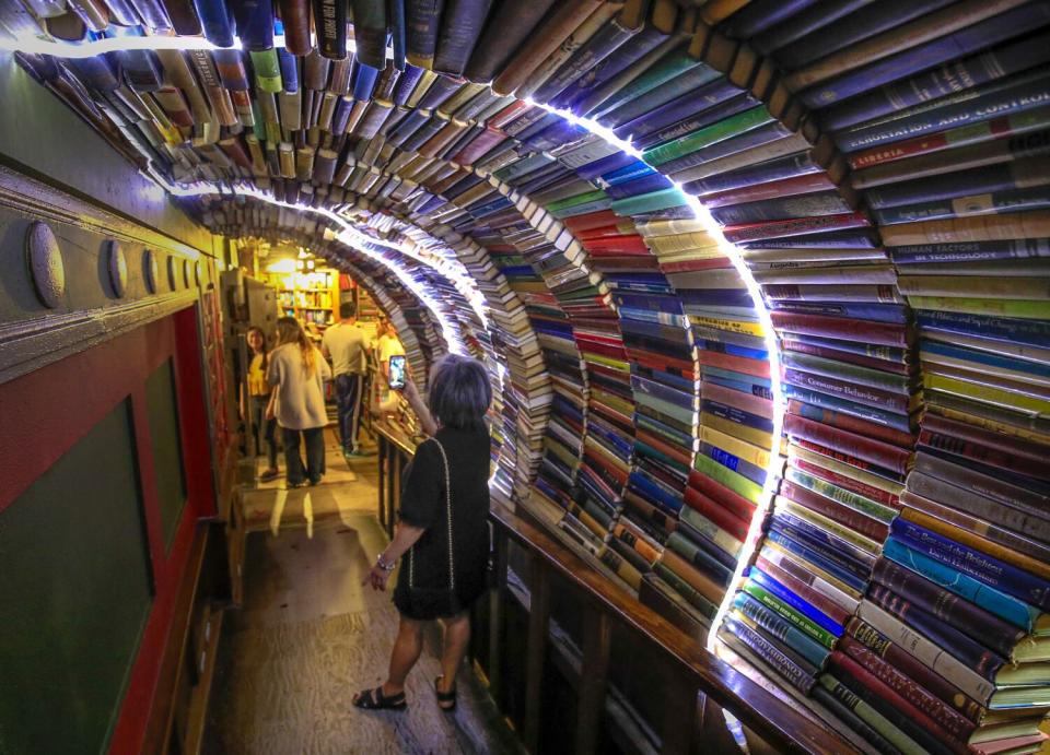 The book tunnel and labyrinth area on the second floor at the Last Bookstore