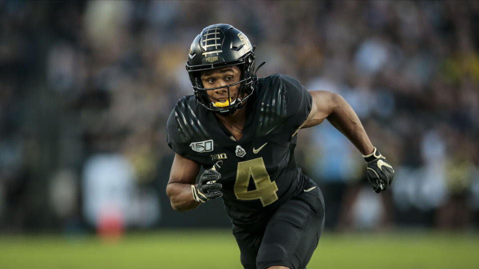 Purdue wide receiver Rondale Moore (4) in action as TCU played Purdue in an NCAA football game on Saturday, Sept. 14, 2019 in West Lafayette, Ind. (AP Photo/AJ Mast)