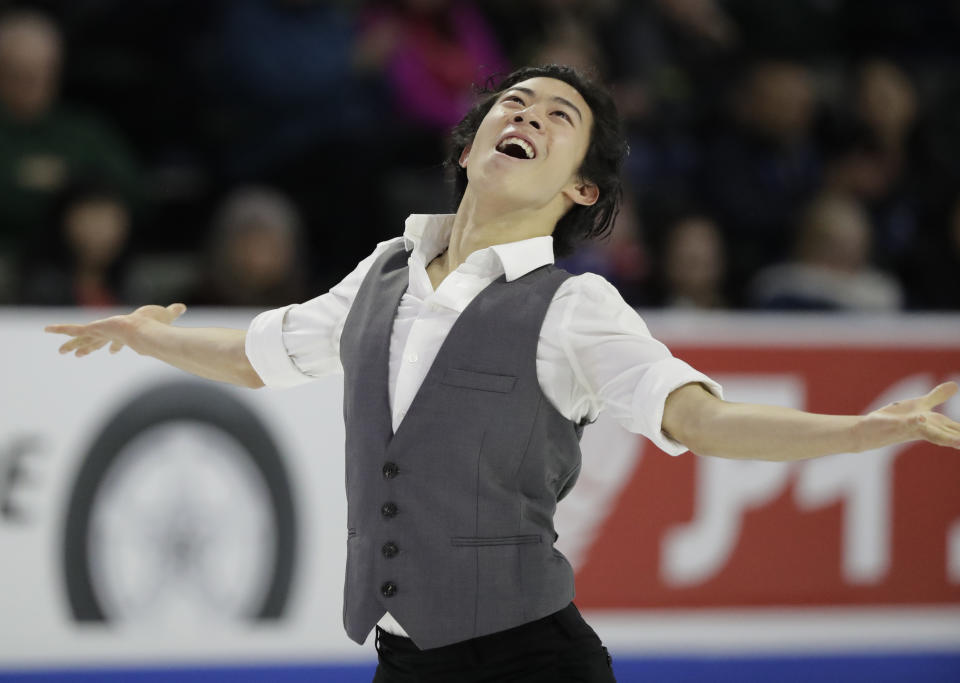 Nathan Chen performs during the men's short program at Skate America, Friday, Oct. 19, 2018, in Everett, Wash. (AP Photo/Ted S. Warren)