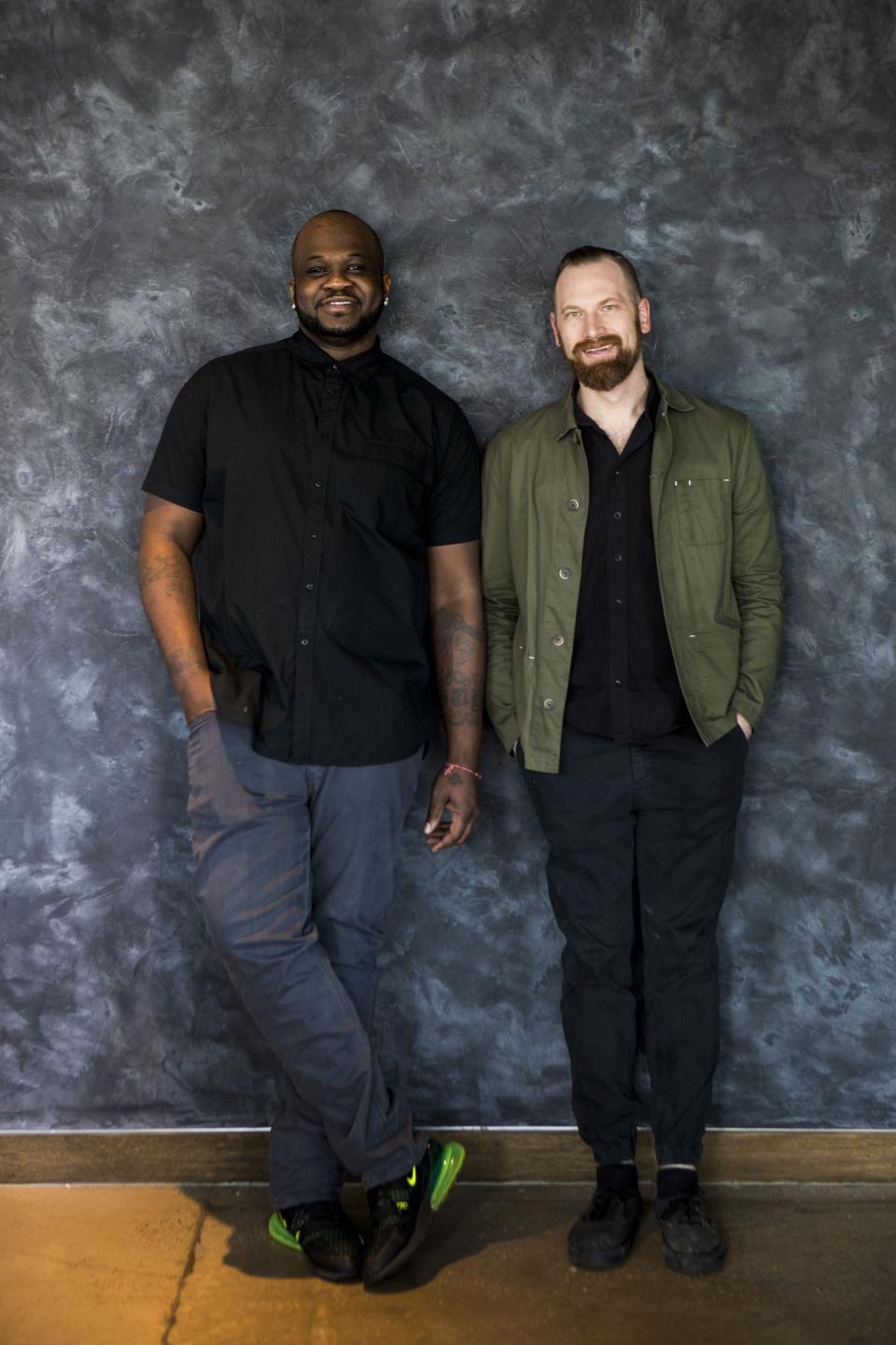 Chefs Tavel Bristol-Joseph and Kevin Fink, right, met in Arizona and now operate four concepts in Austin with their Emmer & Rye Hospitality Group. Bristol-Joseph hopes to continue to create "opportunities to maintain and exceed a livable wage" in ever more expensive Austin.