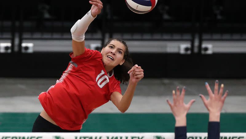 Bountiful’s Taylor Harvey hits the ball during a 5A volleyball state tournament quarterfinal game against Skyline at the UCCU Center in Orem on Thursday, Nov. 2, 2023.