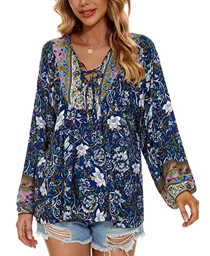 Vogebund Womens Casual Peasant Tops Floral Print Bohemian Beach Shirt Flowy V-Neck Long Sleeve Loose Boho Blouses Blue