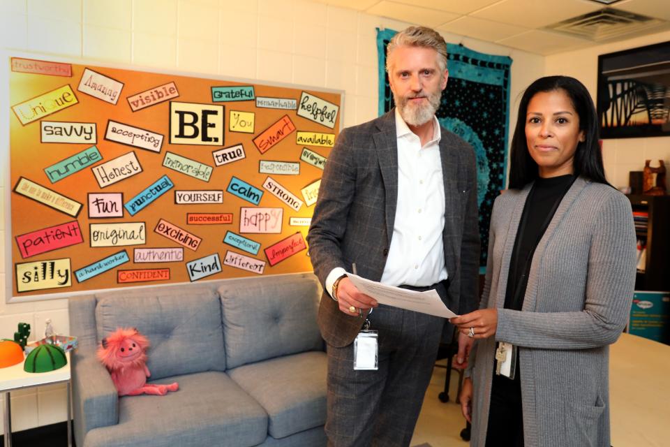 Brian Ladewig, assistant superintendent, and Amabell Abbott, school psychologist, in Abbott's office at Harrison High School Nov. 20, 2023. They both serve on the SW BOCES crisis team, which responds to other districts in the same BOCES when a crisis occurs.