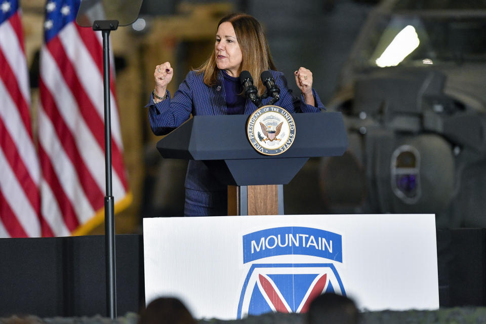 Second lady Karen Pence introduces Vice President Mike Pence to deliver remarks to Army 10th Mountain Division soldiers, many of whom have recently returned from Afghanistan, in Fort Drum, N.Y., Sunday, Jan. 17, 2021. (AP Photo/Adrian Kraus)