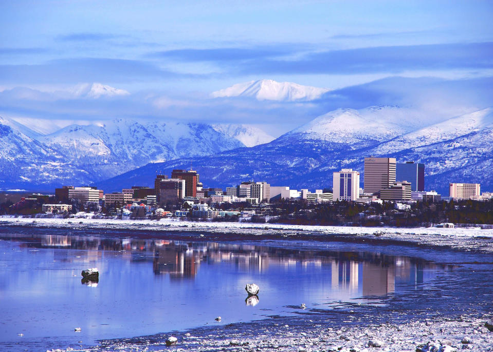 View of downtown Anchorage, Alaska and the mountains near the skyline