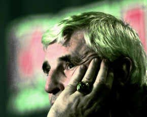 Indiana coach Bob Knight ponders a question during a news conference at the Orlando Arena in Orlando, Florida, in this undated photo.