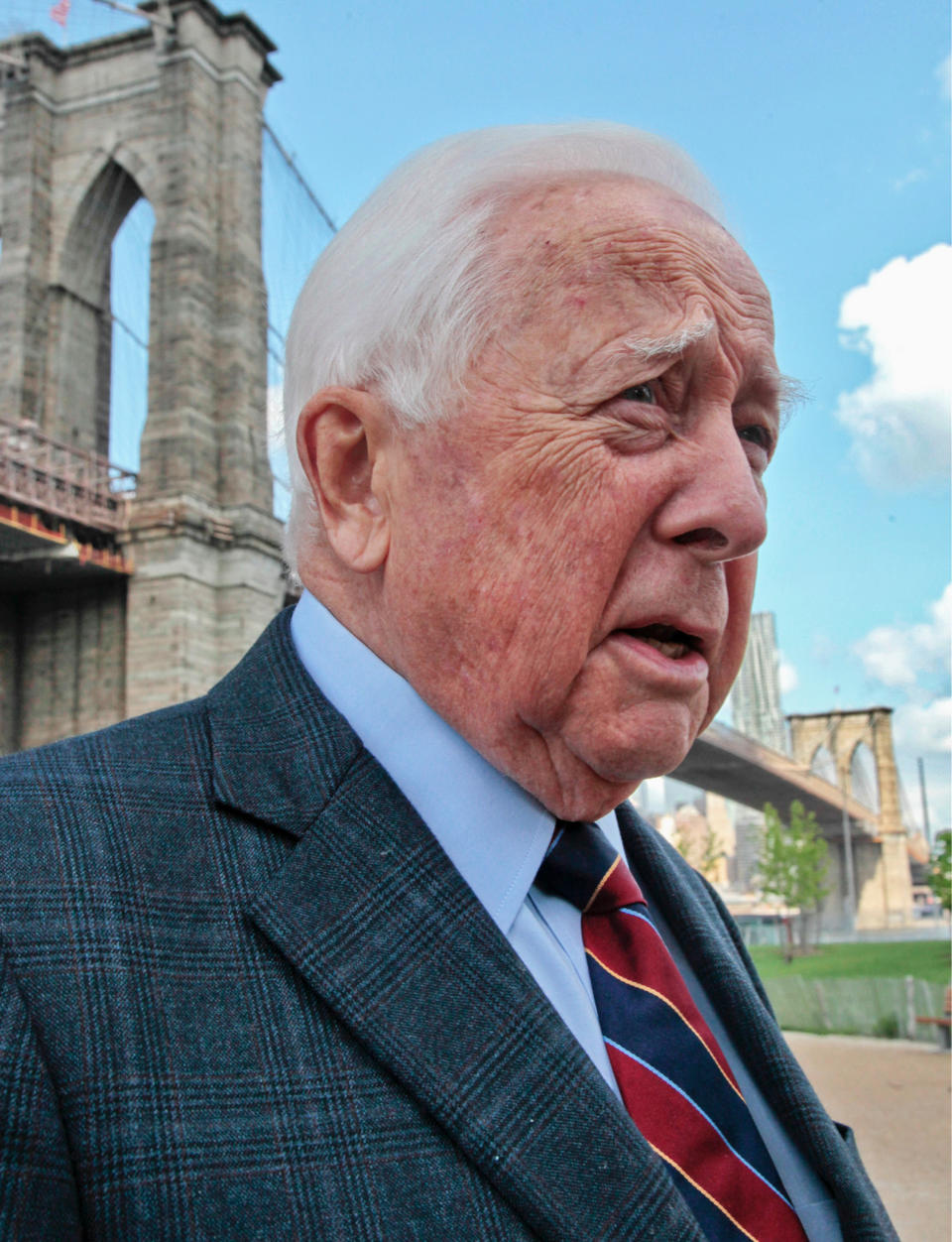 In this May 10, 2012 photo, author David McCullough, two-time Pulitzer Prize winner for books "Truman" and "John Adams," walks around the Brooklyn Bridge while being interviewed in New York. McCullough is celebrating the 40th anniversary of his book "The Great Bridge," which has just been reissued with a new introduction by the 78-year-old writer. (AP Photo/Bebeto Matthews)