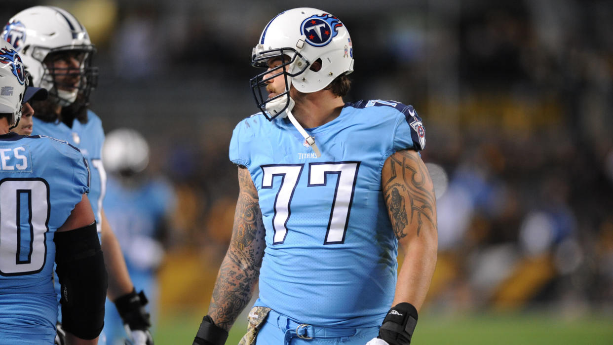 Mandatory Credit: Photo by Jason Pohuski/CSM/REX/Shutterstock (9226460ov)th, Titans Taylor Lewan #77 during the Tennessee Titans vs Pittsburgh Steelers game at Heinz Field in Pittsburgh, PANFL Titans vs Steelers, Pittsburgh, USA - 16 Nov 2017.