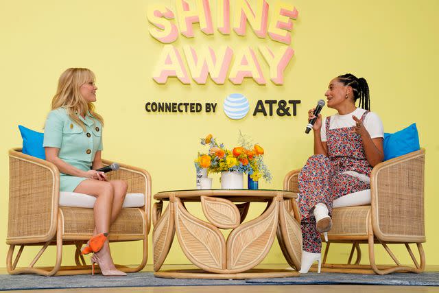 <p>Presley Ann/Getty</p> Reese Witherspoon and Tracee Ellis Ross have a vulnerable, candid chat at Hello Sunshine's Shine Away event on Oct. 21.