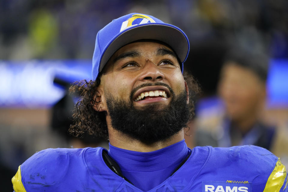 Los Angeles Rams running back Kyren Williams (23) smiles after a win over the New Orleans Saints in an NFL football game Thursday, Dec. 21, 2023, in Inglewood, Calif. (AP Photo/Ryan Sun)