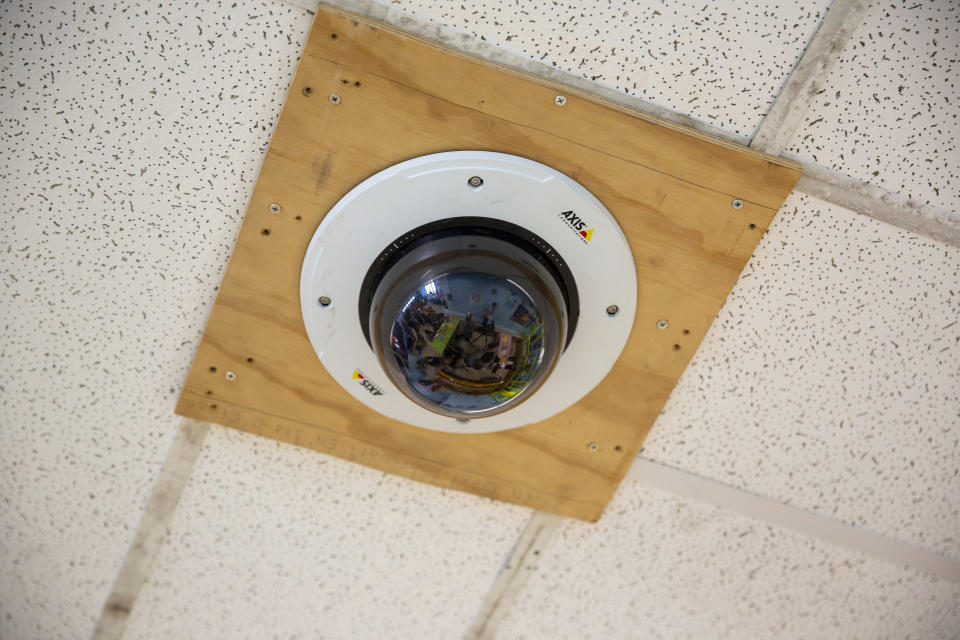 A surveillance camera is shown in a visitation hub area of the Rikers Island jail complex in the Bronx borough of New York, on Tuesday, May 7, 2024. (AP Photo/Ted Shaffrey)