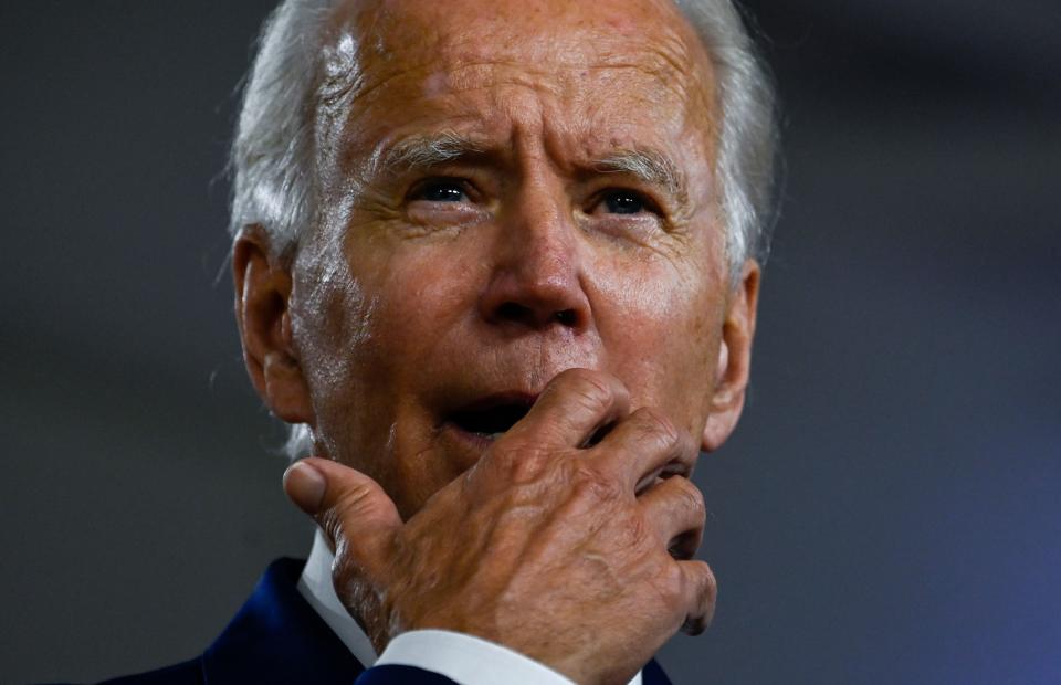 US Democratic presidential candidate and former Vice President Joe Biden gestures as he speaks during a campaign event at the William "Hicks" Anderson Community Center in Wilmington, Delaware on July 28, 2020. (Andrew Caballero-Reynolds/AFP via Getty Images)