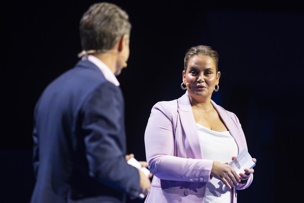 MELBOURNE, AUSTRALIA - OCTOBER 12: Tod Woodbridge and Jelena Dokic speak during the 2023 Australian Open launch at Melbourne Park on October 12, 2022 in Melbourne, Australia. (Photo by Daniel Pockett/Getty Images)