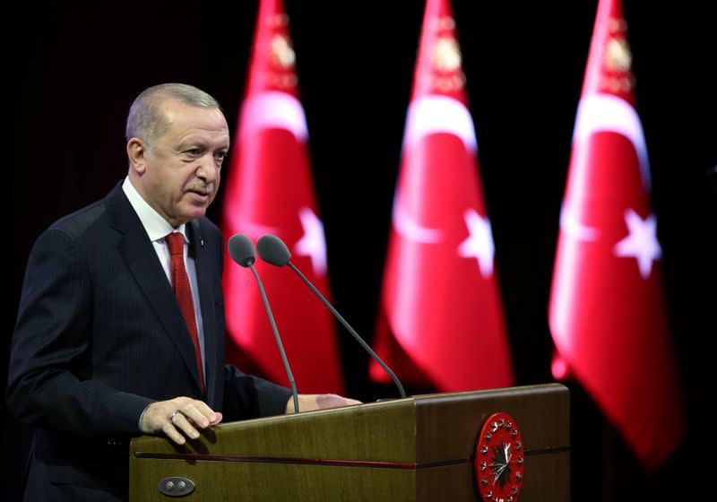 FILE PHOTO: Turkish President Erdogan speaks during a ceremony in Ankara