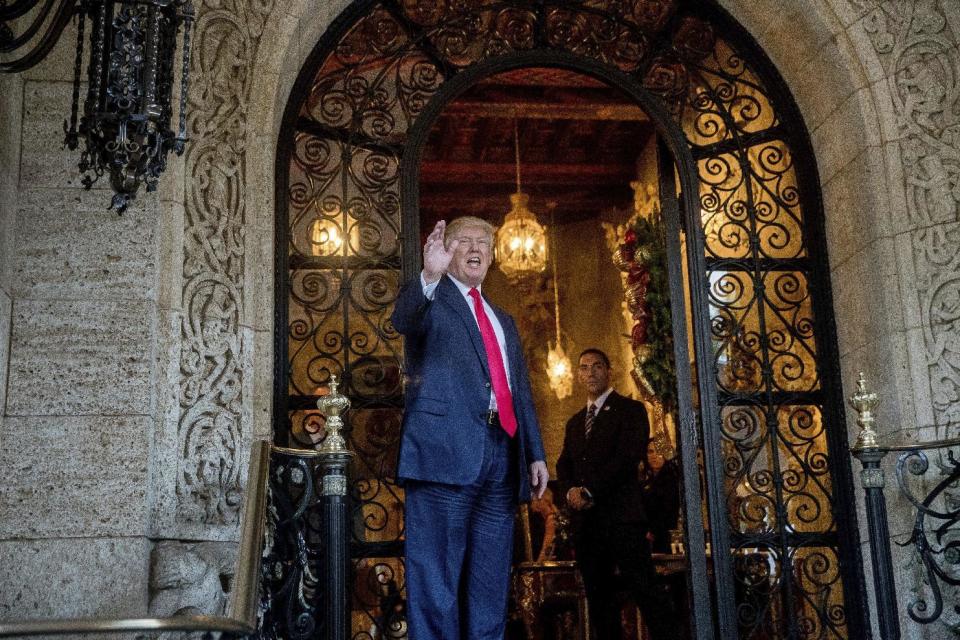 President-elect Donald Trump waves to members of the media after a meeting with admirals and generals from the Pentagon at Mar-a-Lago, in Palm Beach, Fla., Wednesday, Dec. 21, 2016. (AP Photo/Andrew Harnik)