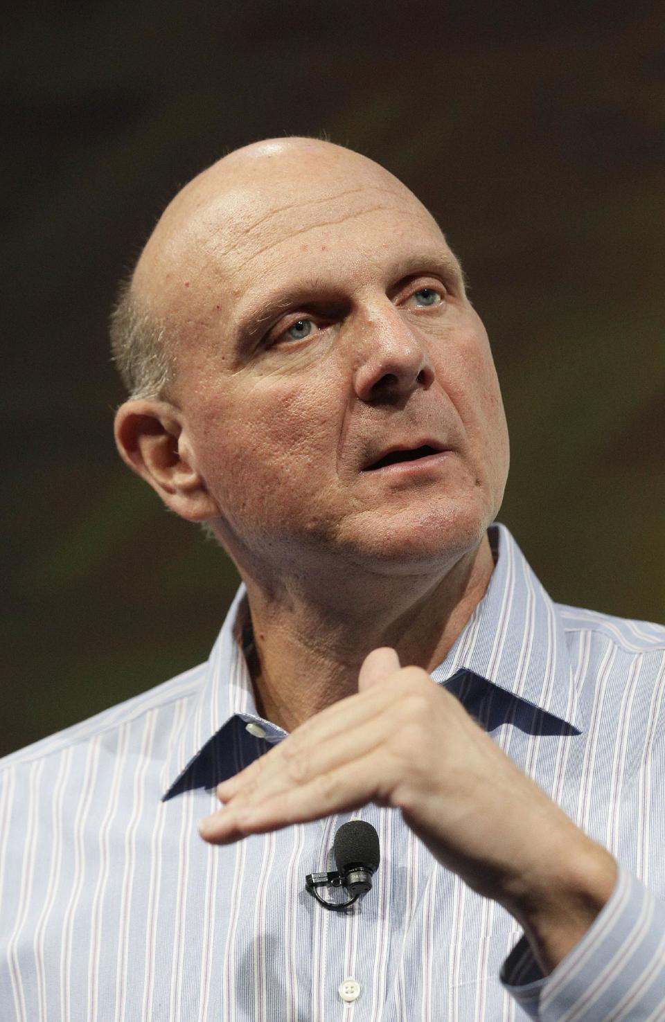 Microsoft CEO Steve Ballmer speaks at a Microsoft event in San Francisco, Monday, July 16, 2012. Microsoft unveiled a new version of its widely used, lucrative suite of word processing, spreadsheet and email programs Monday, one designed specifically with tablet computers and Internet-based storage in mind. (AP Photo/Jeff Chiu)