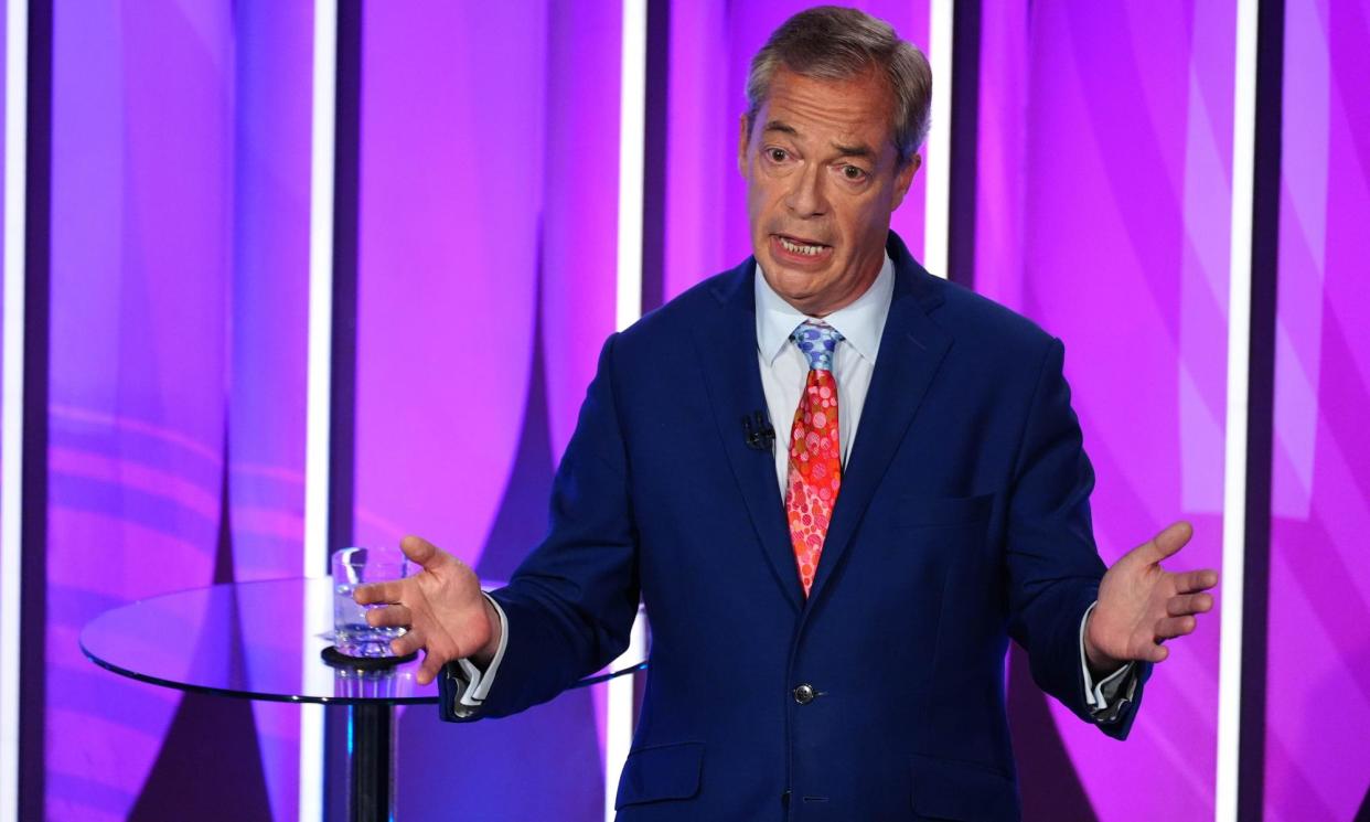 <span>Nigel Farage during the BBC Question Time Leaders' Special on Friday.</span><span>Photograph: WPA/Getty Images</span>