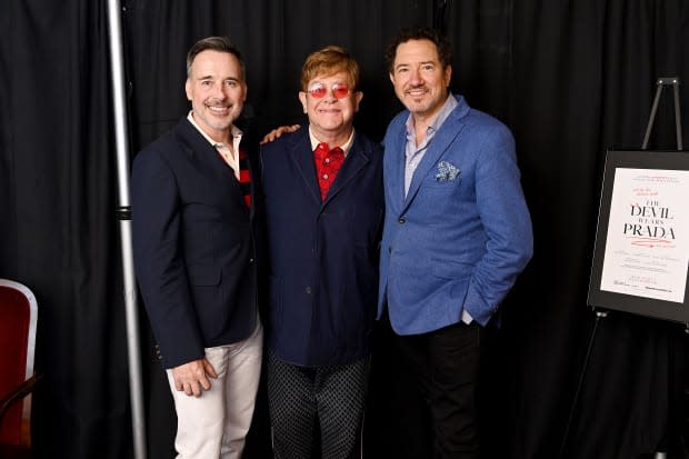 Elton John visits with producers David Furnish and Kevin McCollum during the intermission.<p>Photo by Daniel Boczarski/Getty Images for The Devil Wears Prada, The Musical</p>