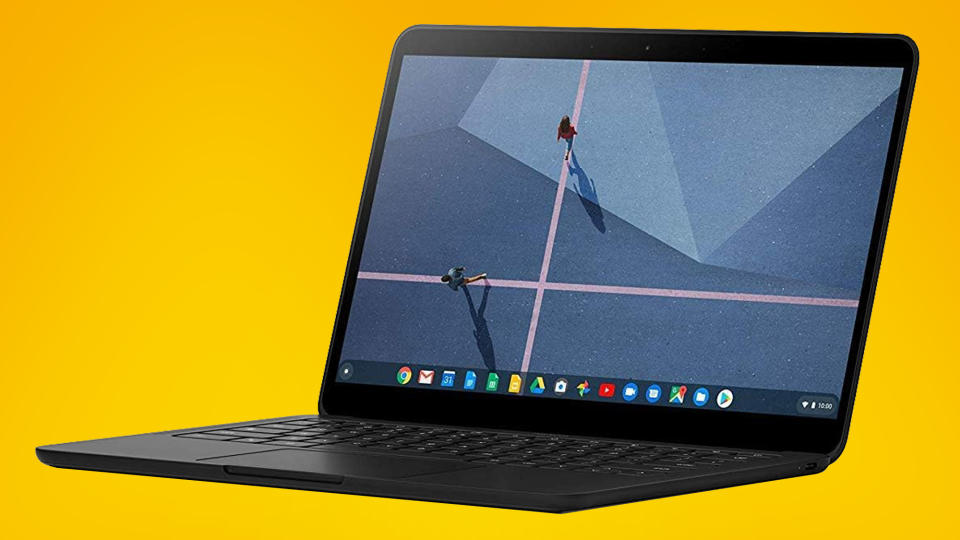 The Google Pixelbook Go laptop on an orange background