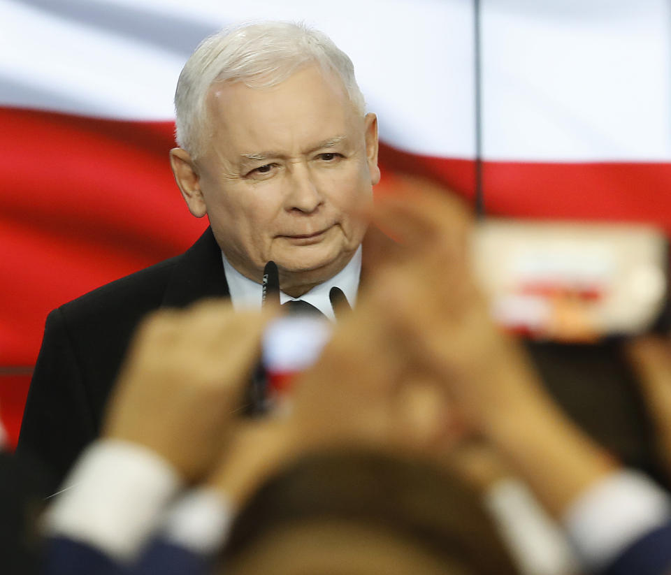 Leader of Poland's ruling party Jaroslaw Kaczynski speaks in reaction to exit poll results right after voting closed in the nation's parliamentary election that is seen crucial for the nation's course in the next four years, in Warsaw , Poland, on Sunday, Oct. 13, 2019. (AP Photo)