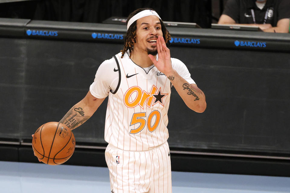 NEW YORK, NEW YORK - JANUARY 16: Cole Anthony #50 of the Orlando Magic calls a play during the second half against the Brooklyn Nets at Barclays Center on January 16, 2021 in the Brooklyn borough of New York City. NOTE TO USER: User expressly acknowledges and agrees that, by downloading and or using this Photograph, user is consenting to the terms and conditions of the Getty Images License Agreement. (Photo by Sarah Stier/Getty Images)