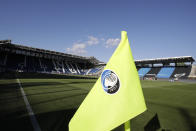 A view of the empty stadium, because of the coronavirus restriction measures, prior to the Serie A soccer match between Atalanta and Sassuolo, in Bergamo, Italy, Sunday, June 21, 2020. Atalanta is playing its first match in Bergamo since easing of lockdown measures, in the area that has been the epicenter of the hardest-hit province of Italy's hardest-hit region, Lombardy, the site of hundreds of COVID-19 deaths. (AP Photo/Luca Bruno)