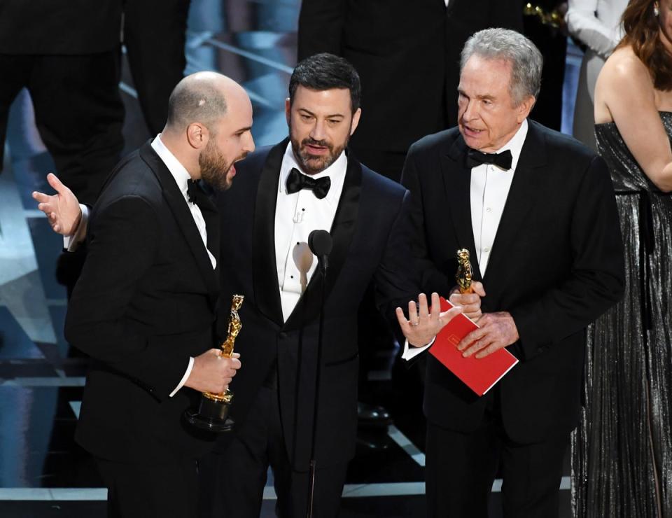 Jimmy Kimmel (middle) dealt with the chaos in the 2017 ceremony when the wrong best-picture winner was called (Getty Images)