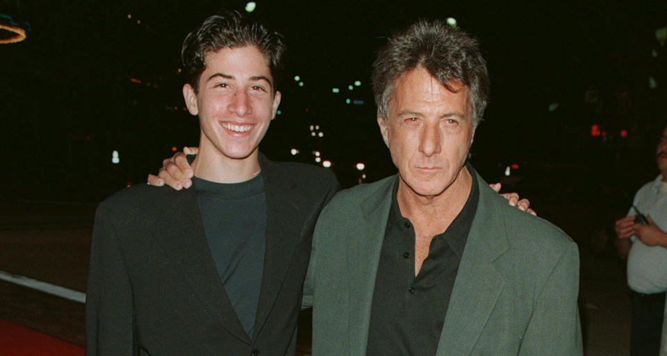 Jake Hoffman and Dustin Hoffman at the Los Angeles premiere of Sphere in 1998. (Photo by Frank Trapper/Corbis via Getty Images)