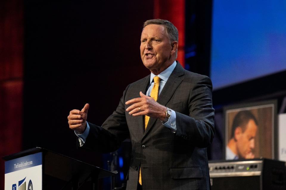 Bob Vander Plaats, The FAMiLY Leader President/CEO, speaks during the FAMiLY Leadership Summit at the Community Choice Credit Union Convention Center Friday, July 15, 2022 in Des Moines.