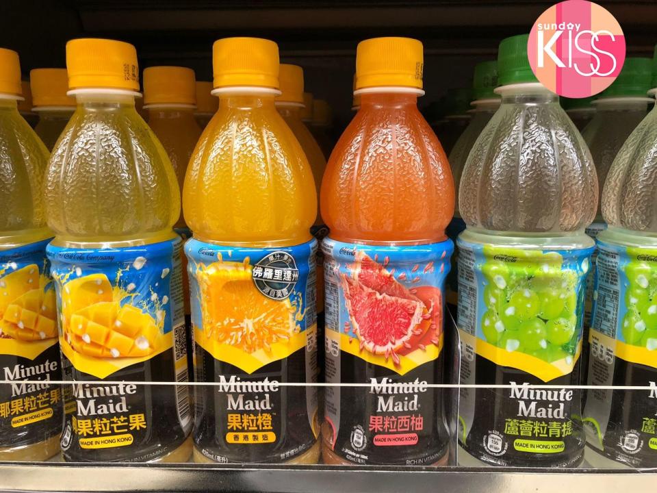 （左起）Minute Maid椰果粒芒果飲品、果粒橙飲品、果粒西柚飲品、蘆薈粒青提飲品