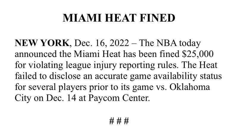 NBA官方17日宣布熱火隊因違反聯盟傷病報告規則，被罰款2萬5000美元。（圖／翻攝自Danny Marang推特）