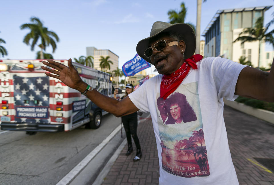 John Sampson, 76, a Republican activist, gathers outside the Palm Beach County Convention Center in West Palm Beach, Fla., on Tuesday, March 3, 2020, before Democratic presidential candidate Mike Bloomberg speaks during a campaign rally. (Matias J. Ocner/Miami Herald/Tribune News Service via Getty Images)