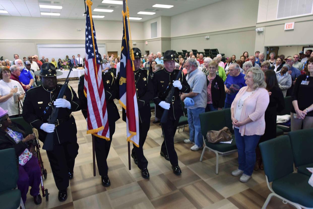 The Brunswick County Sheriff Departments Color Guard present the colors during The Brunswick Center at Leland ribbon-cutting ceremony for the new Brunswick Senior Center in Leland on Town Hall Drive in this February 2017 file photo.