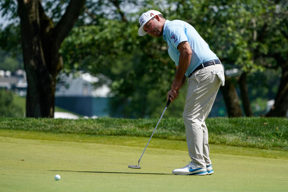 Chad Ramey putts on the second green during the first round of the Travelers Championship golf tournament at TPC River Highlands, Thursday, June 23, 2022, in Cromwell, Conn. (AP Photo/Seth Wenig)